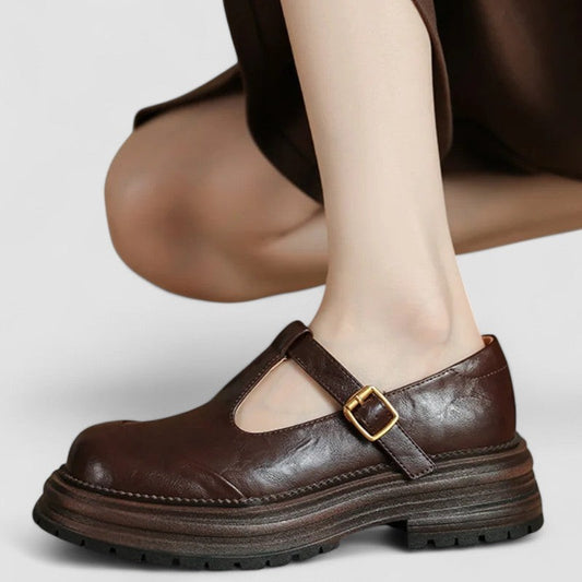 Comfortable Brown Leather Mary Jane Shoes for Women with Closed Toe Buckle Casual Style