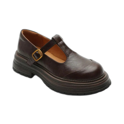 Comfortable Brown Leather Mary Jane Shoes for Women with Closed Toe Buckle Casual Style