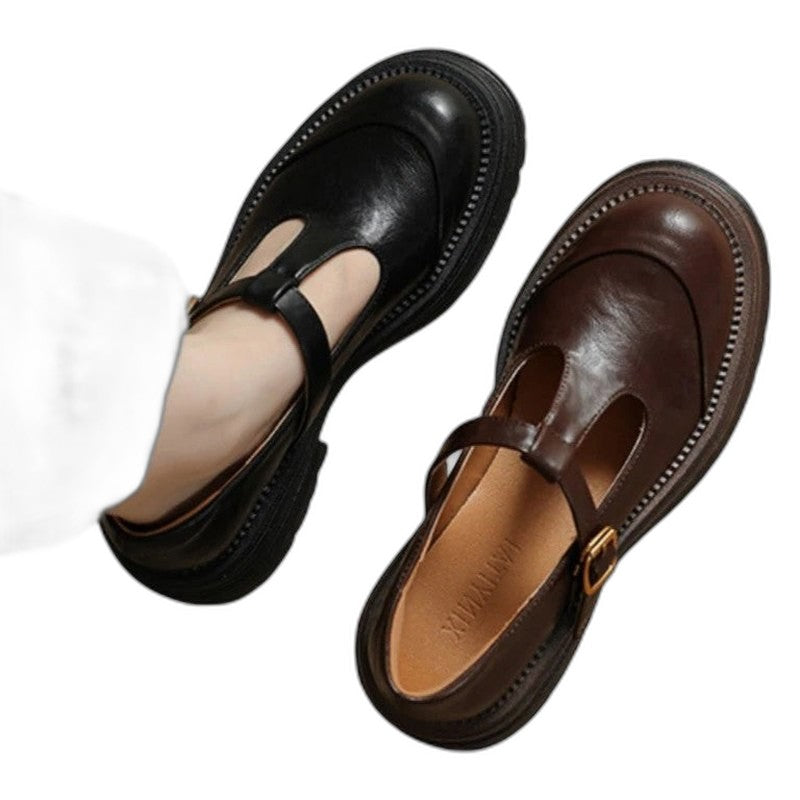 Comfortable Brown Leather Mary Jane Shoes for Women with Closed Toe Buckle Casual Style