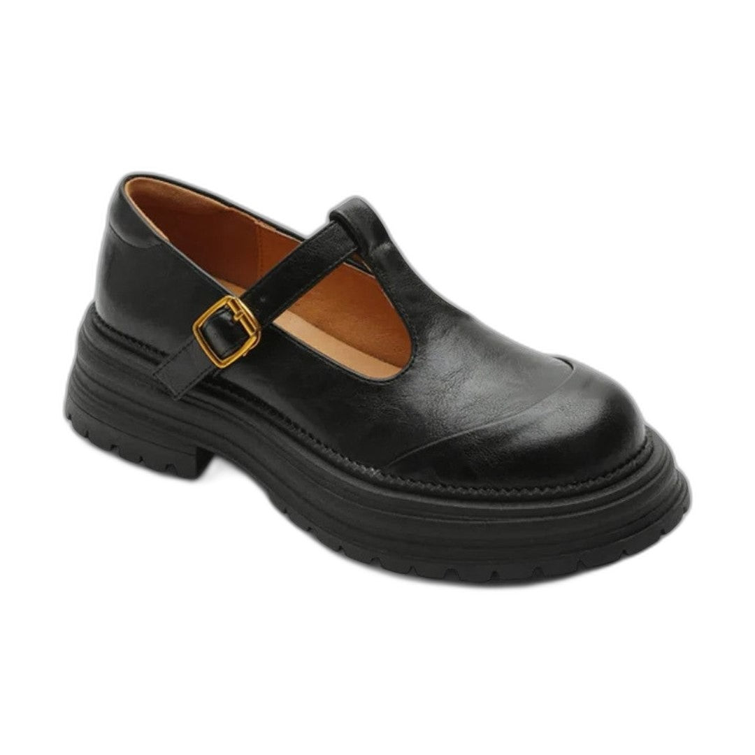 Comfortable Brown Leather Mary Jane Shoes for Women with Closed Toe Buckle Casual Style