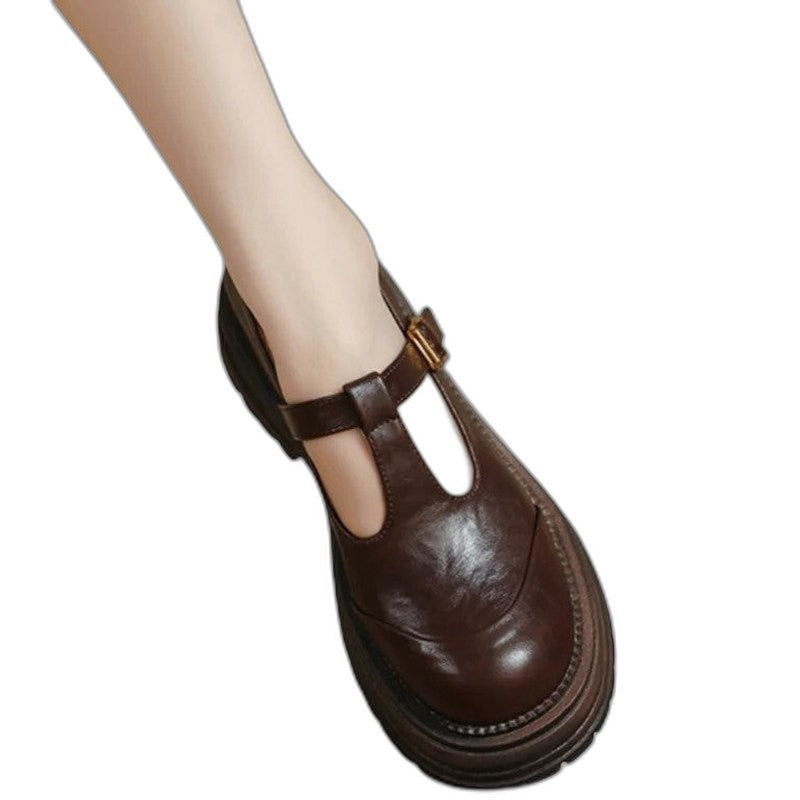 Comfortable Brown Leather Mary Jane Shoes for Women with Closed Toe Buckle Casual Style