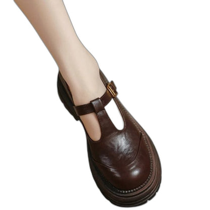 Comfortable Brown Leather Mary Jane Shoes for Women with Closed Toe Buckle Casual Style