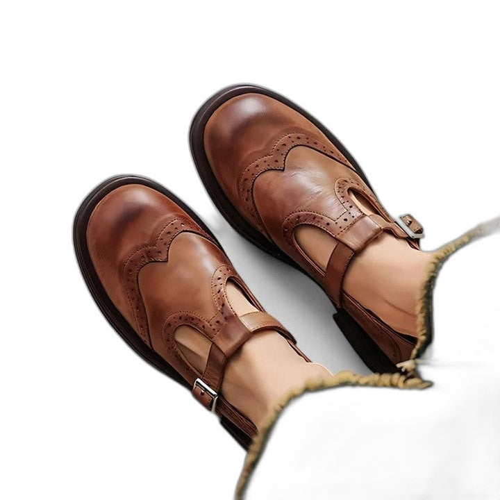 Comfortable Brown Leather Mary Jane Shoes for Women with Closed Toe Fur Lined Buckle Casual Style