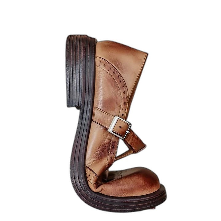 Comfortable Brown Leather Mary Jane Shoes for Women with Closed Toe Fur Lined Buckle Casual Style