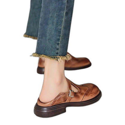Comfortable Brown Leather Mary Jane Shoes for Women with Closed Toe Fur Lined Buckle Casual Style