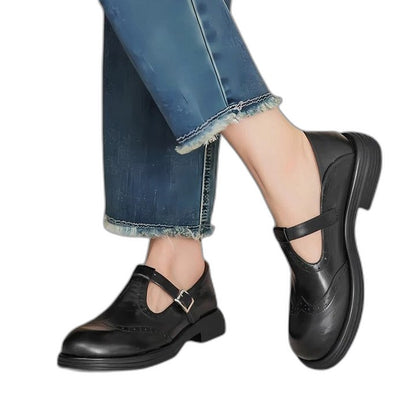 Comfortable Brown Leather Mary Jane Shoes for Women with Closed Toe Fur Lined Buckle Casual Style