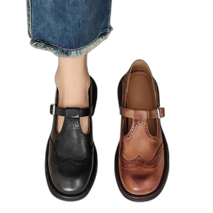 Comfortable Brown Leather Mary Jane Shoes for Women with Closed Toe Fur Lined Buckle Casual Style