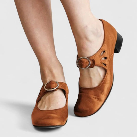 Comfortable Brown Leather Mary Jane Shoes for Women with Cutout Block Heel Closed Toe Buckle Casual Style