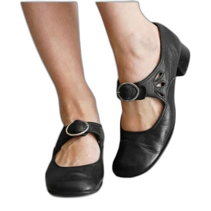 Comfortable Brown Leather Mary Jane Shoes for Women with Cutout Block Heel Closed Toe Buckle Casual Style