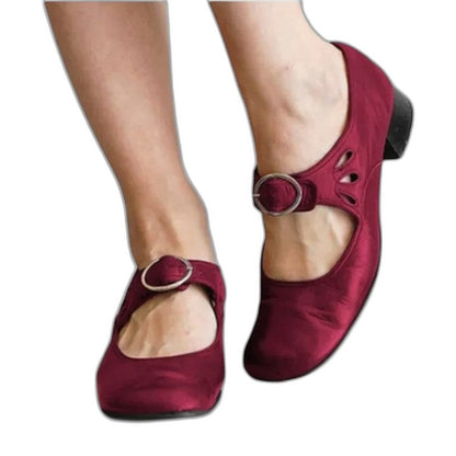 Comfortable Brown Leather Mary Jane Shoes for Women with Cutout Block Heel Closed Toe Buckle Casual Style