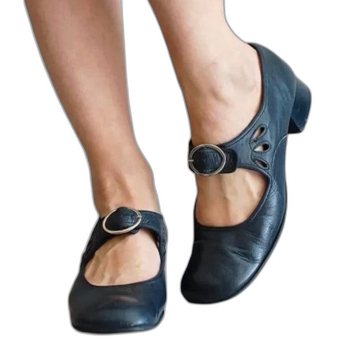 Comfortable Brown Leather Mary Jane Shoes for Women with Cutout Block Heel Closed Toe Buckle Casual Style