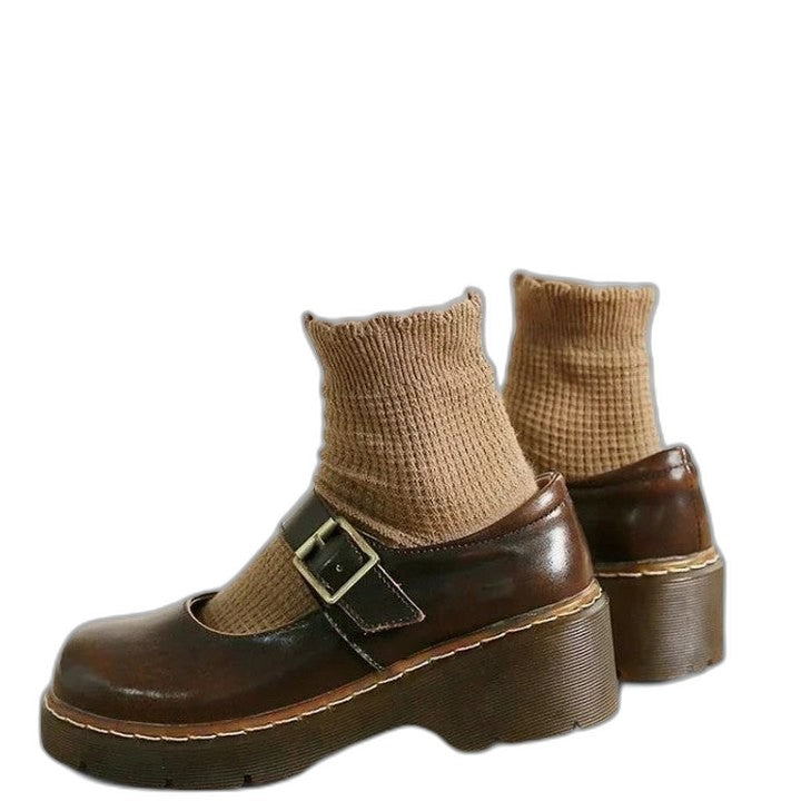 Comfortable Brown Leather Mary Jane Shoes for Women with Platform Closed Toe Buckle Casual Style