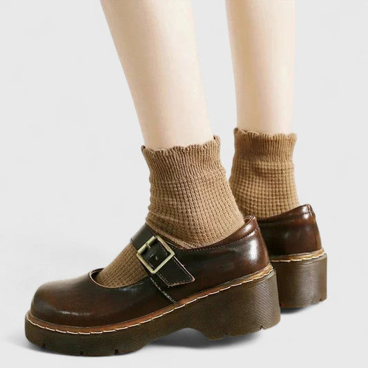 Comfortable Brown Leather Mary Jane Shoes for Women with Platform Closed Toe Buckle Casual Style