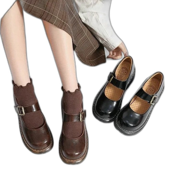 Comfortable Brown Leather Mary Jane Shoes for Women with Platform Closed Toe Buckle Casual Style