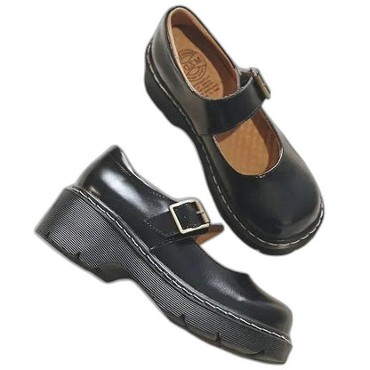Comfortable Brown Leather Mary Jane Shoes for Women with Platform Closed Toe Buckle Casual Style