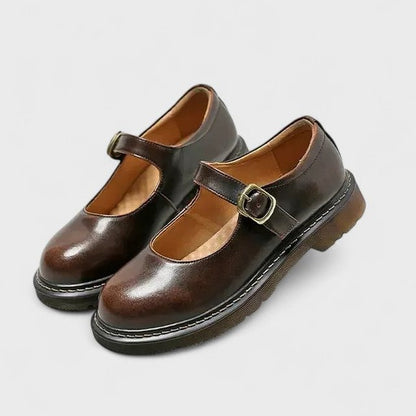 Comfortable Brown Leather Mary Jane Shoes for Women with Platform Closed Toe Buckle Casual Style