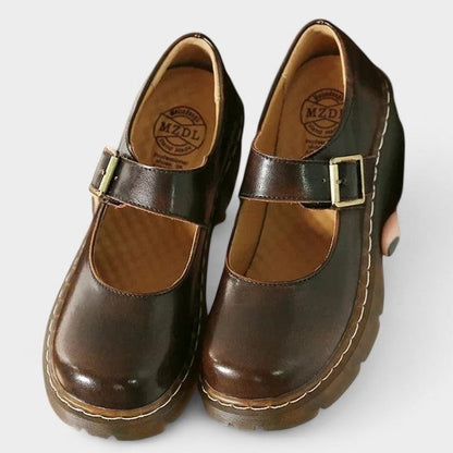Comfortable Brown Leather Mary Jane Shoes for Women with Platform Closed Toe Buckle Casual Style