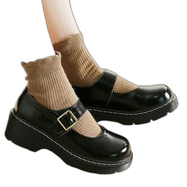 Comfortable Brown Leather Mary Jane Shoes for Women with Platform Closed Toe Buckle Casual Style