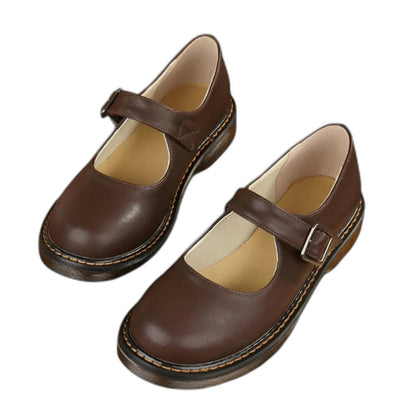 Comfortable Brown Leather Mary Jane Shoes for Women with Round Toe Buckle Casual Style