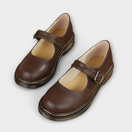 Comfortable Brown Leather Mary Jane Shoes for Women with Round Toe Buckle Casual Style
