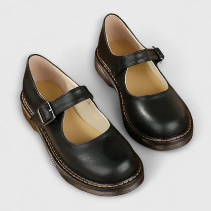 Comfortable Brown Leather Mary Jane Shoes for Women with Round Toe Buckle Casual Style