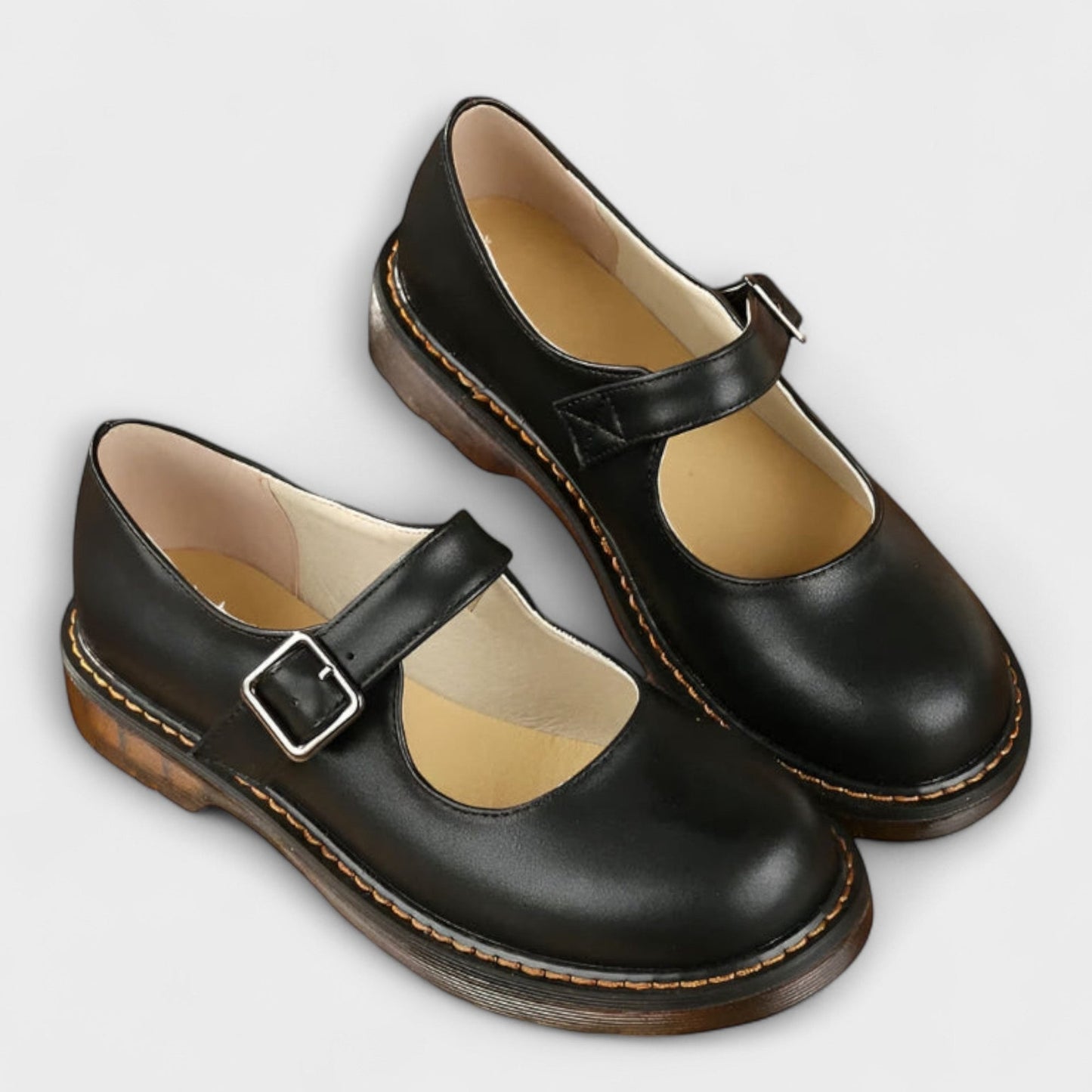 Comfortable Brown Leather Mary Jane Shoes for Women with Round Toe Buckle Casual Style