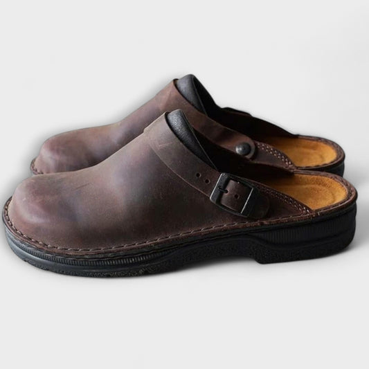 Comfortable Brown Leather Mules for Women with Closed Toe Buckle Casual Style
