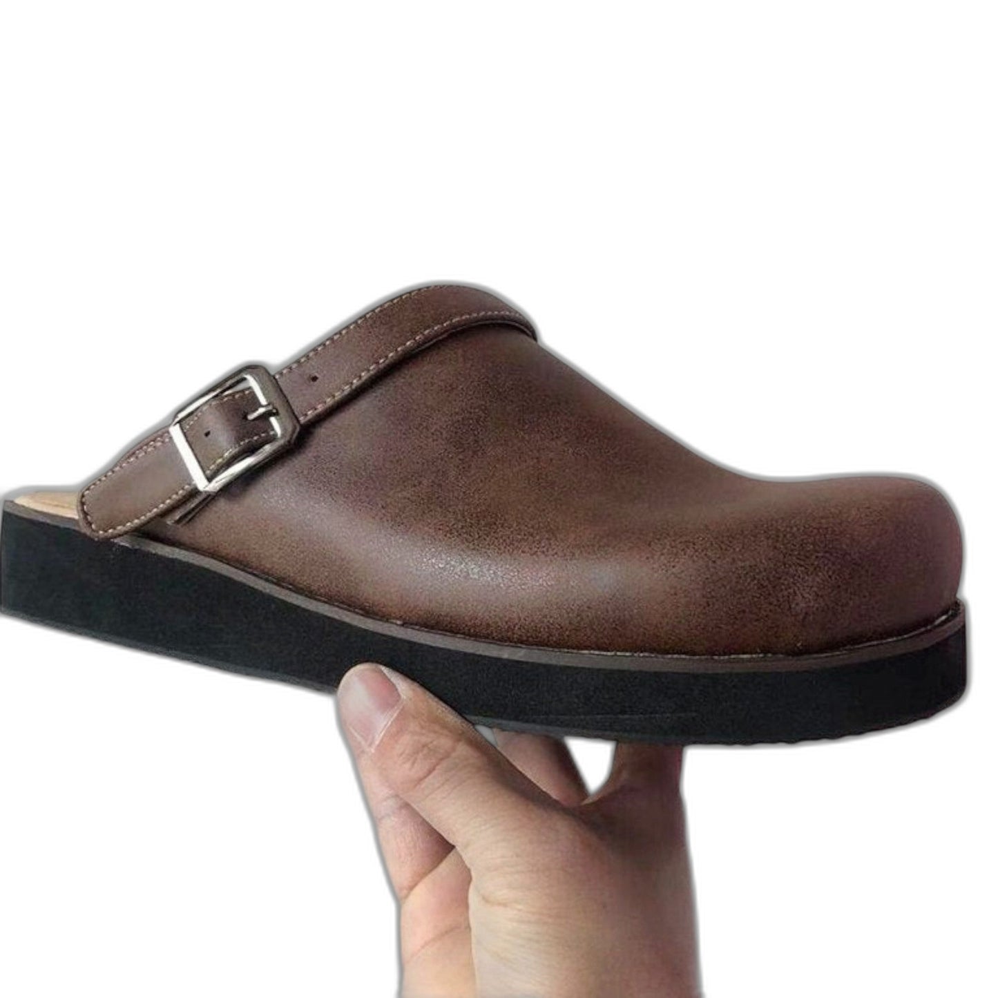 Comfortable Brown Leather Mules for Women with Closed Toe Buckle Casual Style