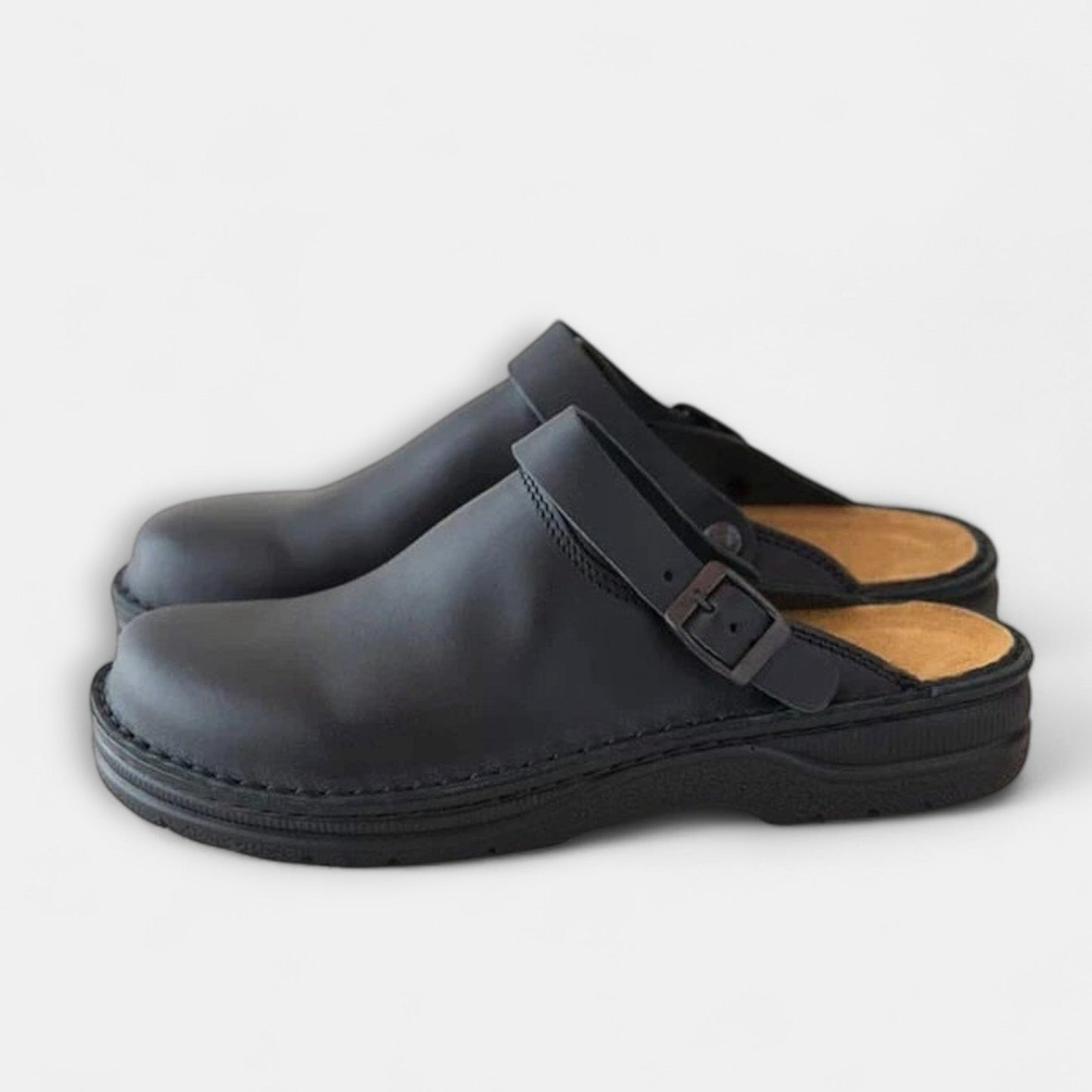 Comfortable Brown Leather Mules for Women with Closed Toe Buckle Casual Style