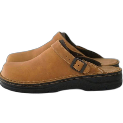 Comfortable Brown Leather Mules for Women with Closed Toe Buckle Casual Style