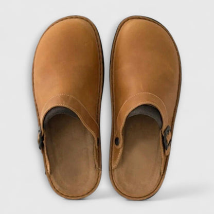 Comfortable Brown Leather Mules for Women with Closed Toe Buckle Casual Style