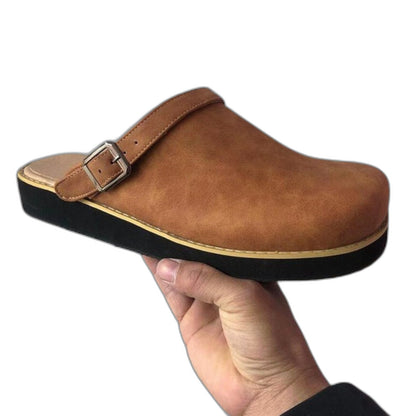 Comfortable Brown Leather Mules for Women with Closed Toe Buckle Casual Style