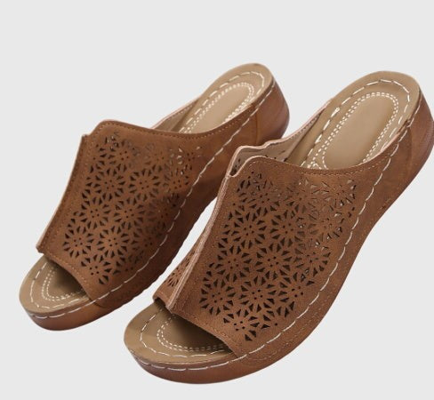 Comfortable Brown Leather Mules for Women with Cutout Platform Open Toe Casual Style