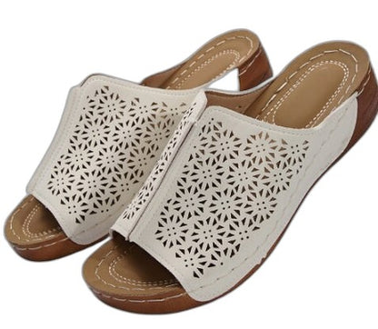 Comfortable Brown Leather Mules for Women with Cutout Platform Open Toe Casual Style