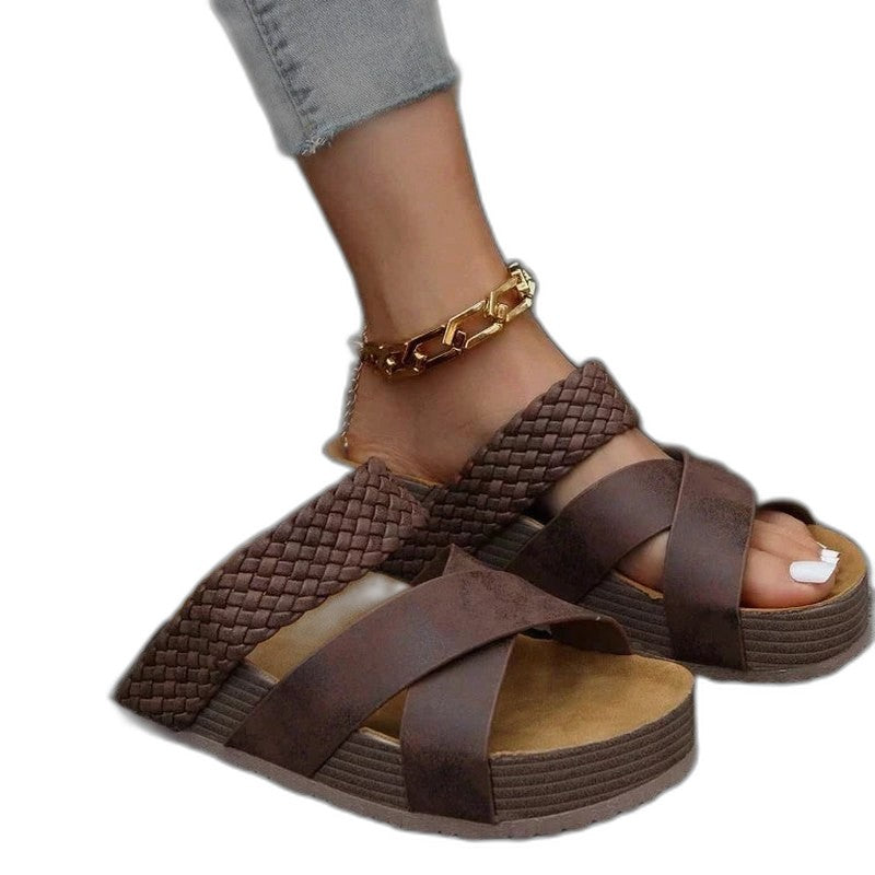 Comfortable Brown Leather Platform Sandals for Women with Open Toe Casual Style