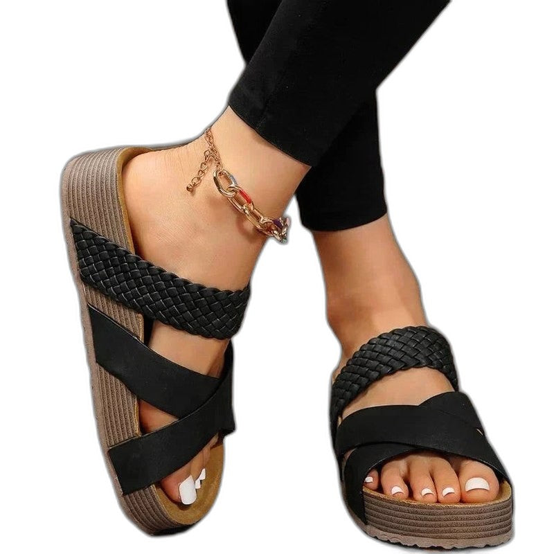 Comfortable Brown Leather Platform Sandals for Women with Open Toe Casual Style