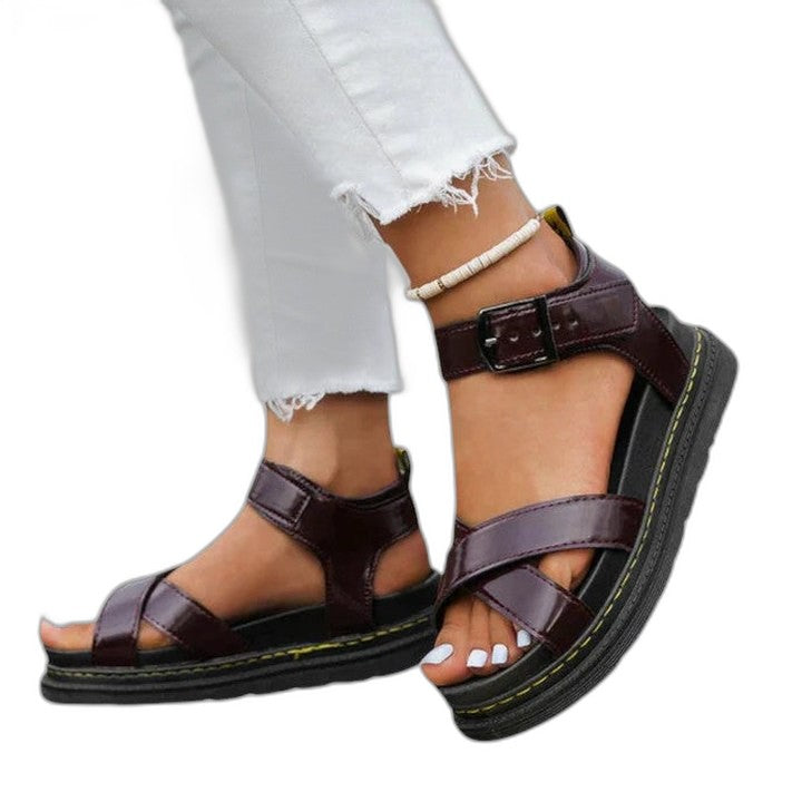 Comfortable Brown Leather Sandals for Women with Ankle Strap Open Toe Buckle Casual Style