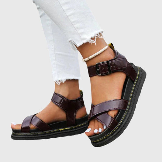 Comfortable Brown Leather Sandals for Women with Ankle Strap Open Toe Buckle Casual Style