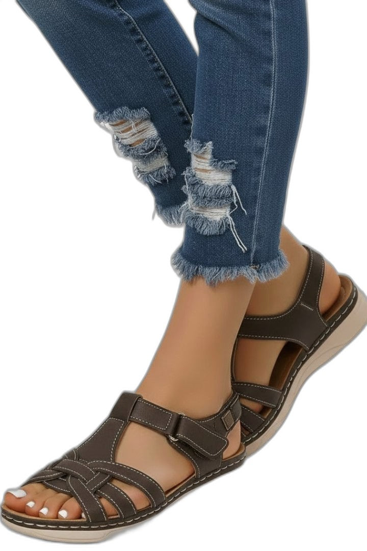 Comfortable Brown Leather Sandals for Women with Ankle Strap Open Toe Buckle Casual Style