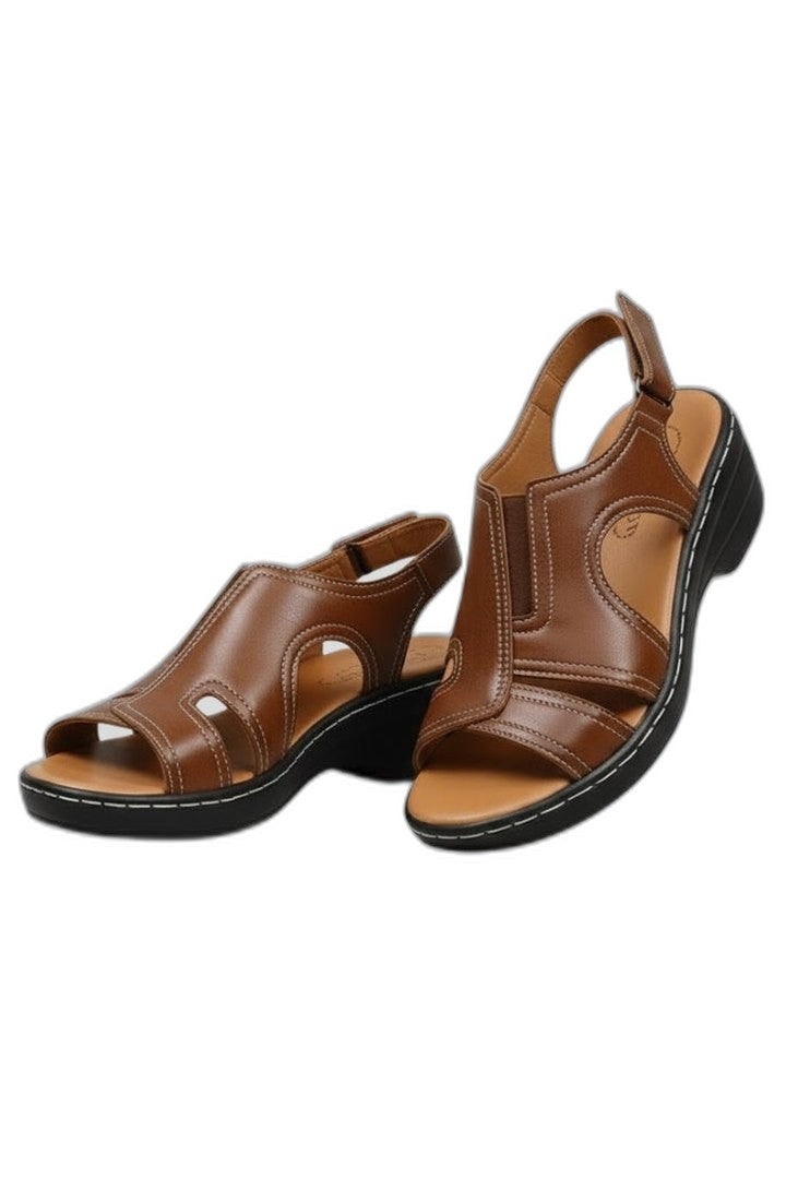 Comfortable Brown Leather Sandals for Women with Cutout Platform Block Heel Slingback Casual Style