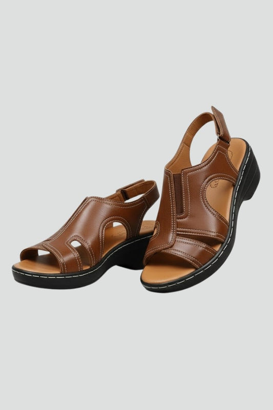Comfortable Brown Leather Sandals for Women with Cutout Platform Block Heel Slingback Casual Style