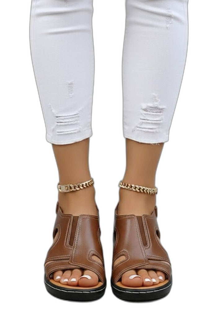 Comfortable Brown Leather Sandals for Women with Cutout Platform Block Heel Slingback Casual Style