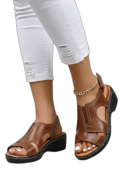 Comfortable Brown Leather Sandals for Women with Cutout Platform Block Heel Slingback Casual Style