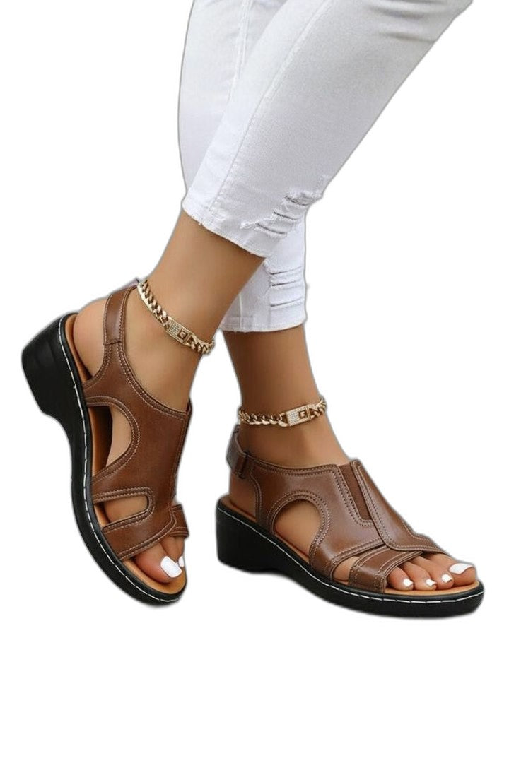 Comfortable Brown Leather Sandals for Women with Cutout Platform Block Heel Slingback Casual Style