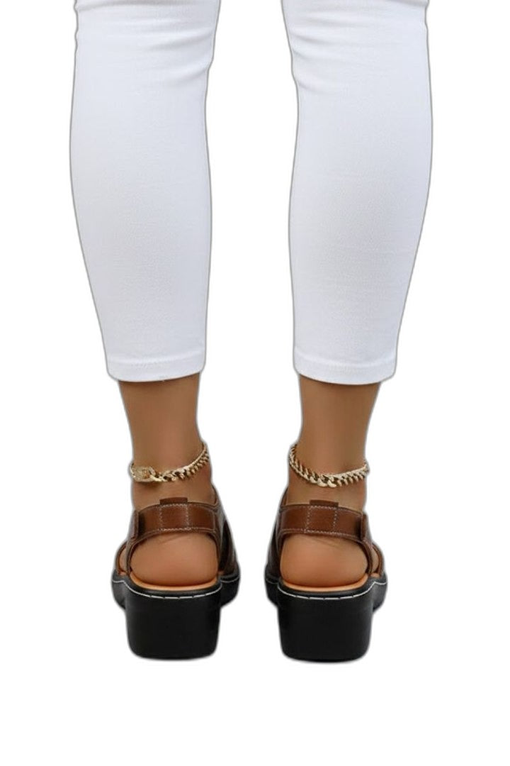 Comfortable Brown Leather Sandals for Women with Cutout Platform Block Heel Slingback Casual Style