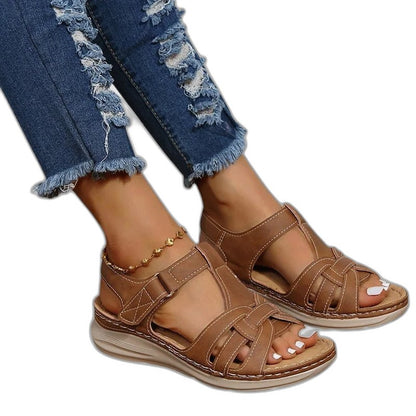 Comfortable Brown Leather Sandals for Women with Open Toe Buckle Casual Style