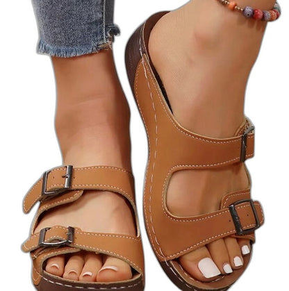 Comfortable Brown Leather Sandals for Women with Open Toe Buckle Casual Style