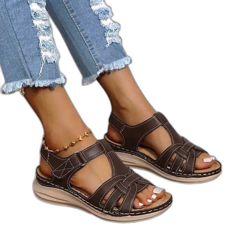 Comfortable Brown Leather Sandals for Women with Open Toe Buckle Casual Style