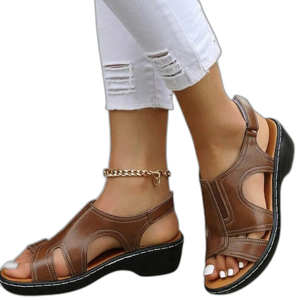 Comfortable Brown Leather Sandals for Women with Platform Ankle Strap Closed Toe Casual Style