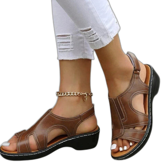 Comfortable Brown Leather Sandals for Women with Platform Ankle Strap Closed Toe Casual Style